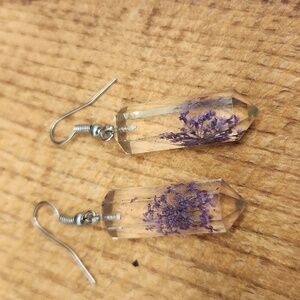 Vintage Sheer Floral Crystal‎ Resin Earrings Pressed Flowers